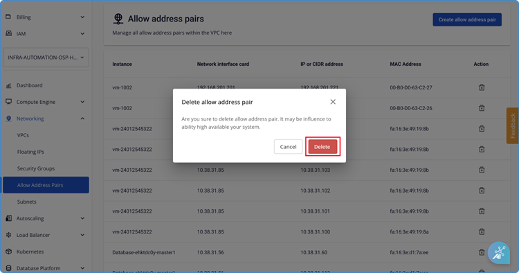 Xác nhận xóa address pair