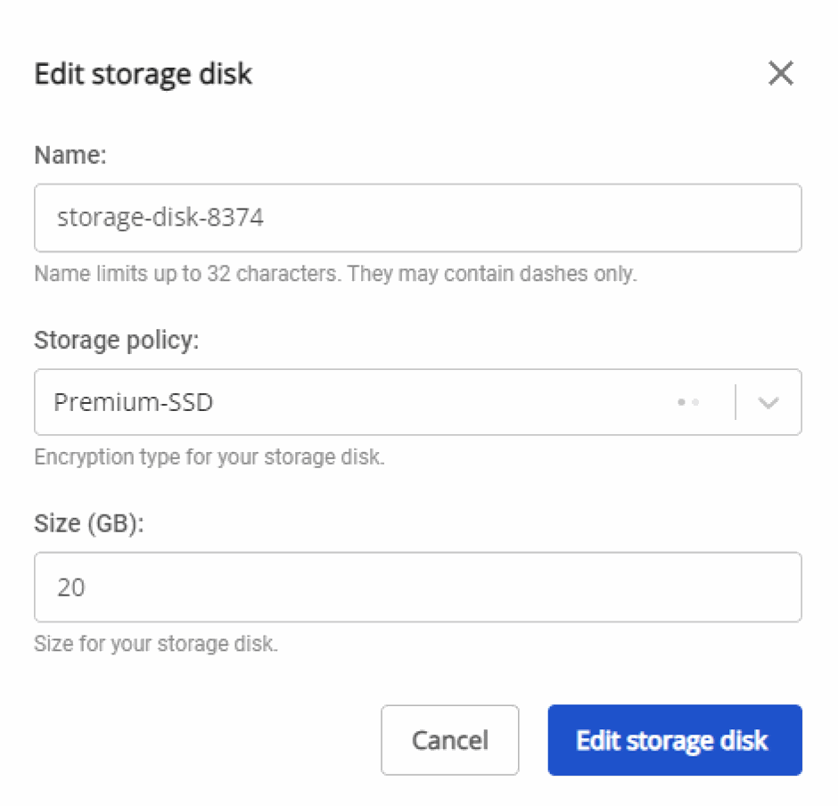 Hộp thoại Edit Storage Disk
