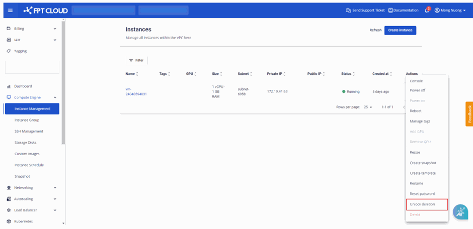 Menu Actions với tùy chọn Unlock Deletion