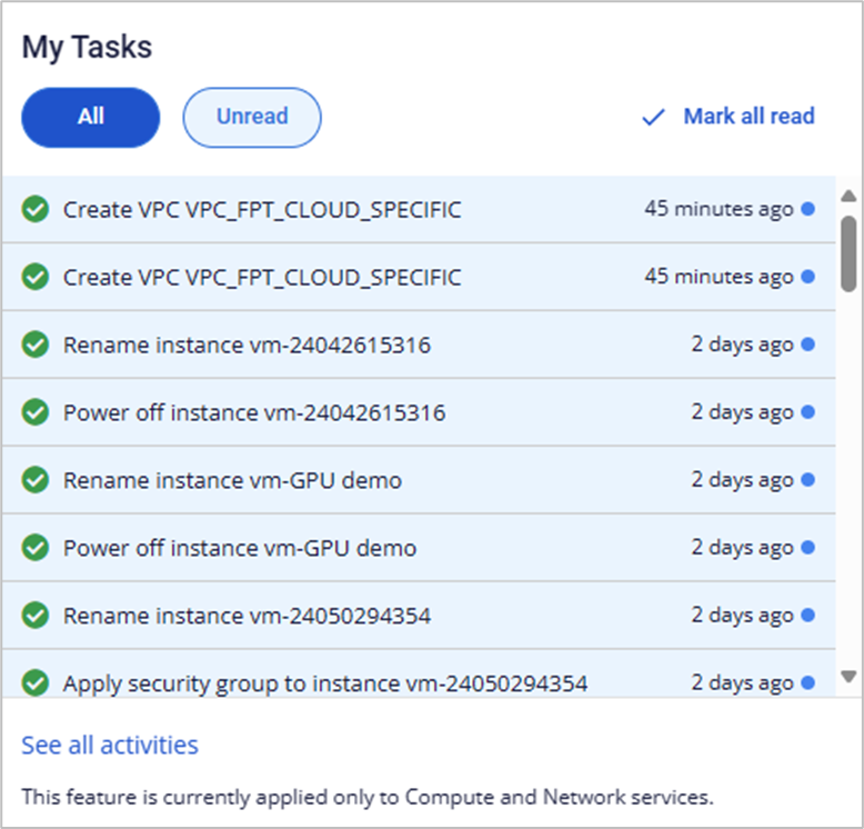 Bell Recent task ghi nhận tác vụ đang thực hiện trên VPC