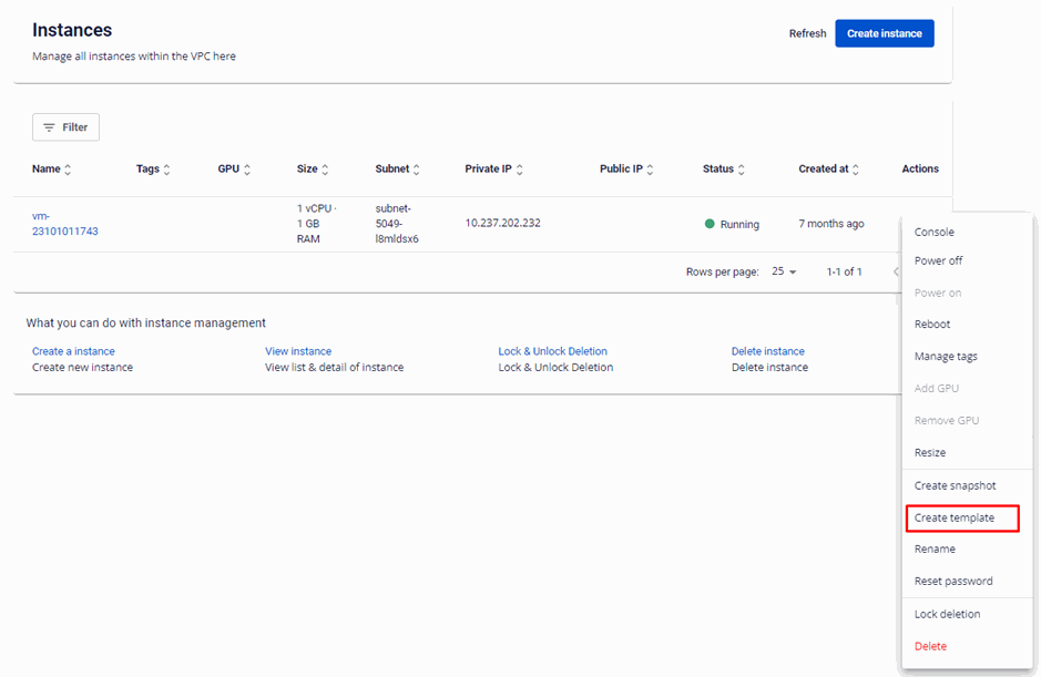 Menu Actions với tùy chọn Create Template