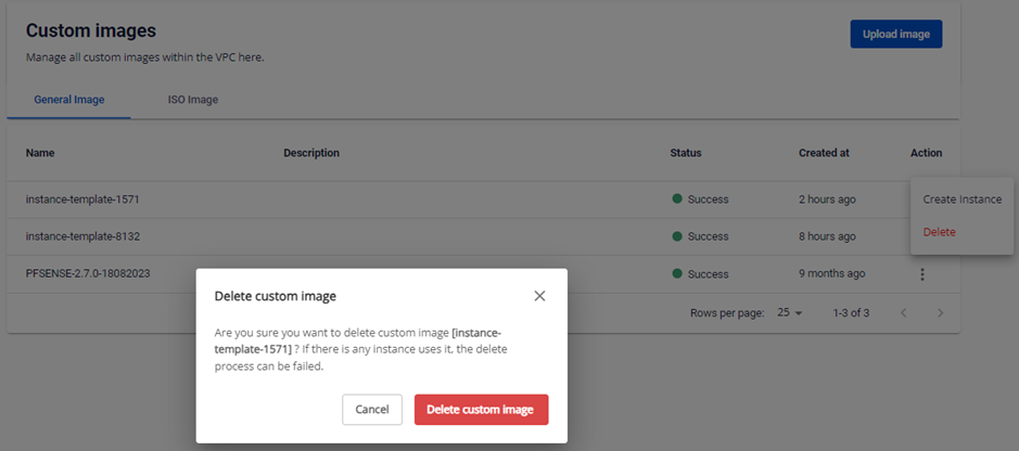 Menu Actions với tùy chọn Delete custom image
