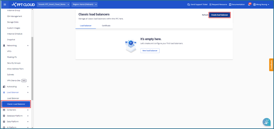 Màn hình Classic load balancer với nút Create load balancer