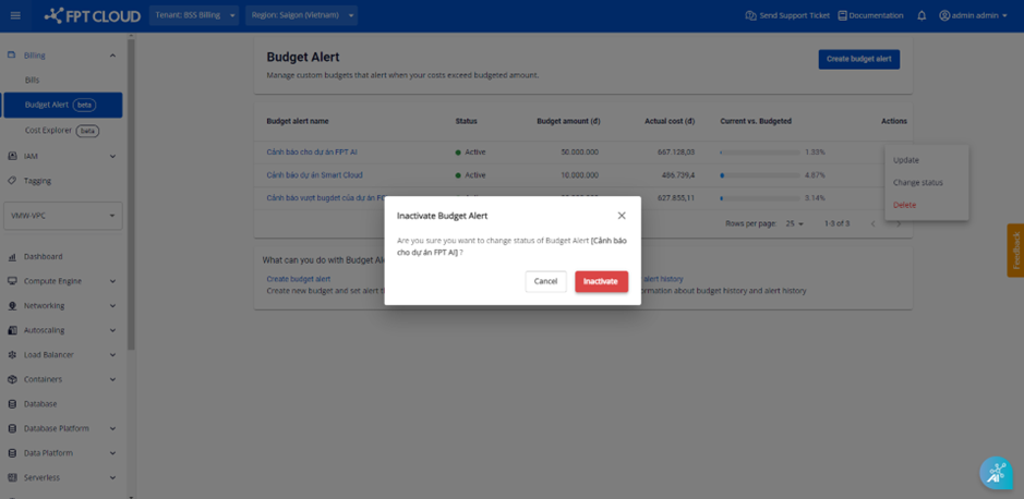 Hộp thoại xác nhận vô hiệu hóa Budget Alert