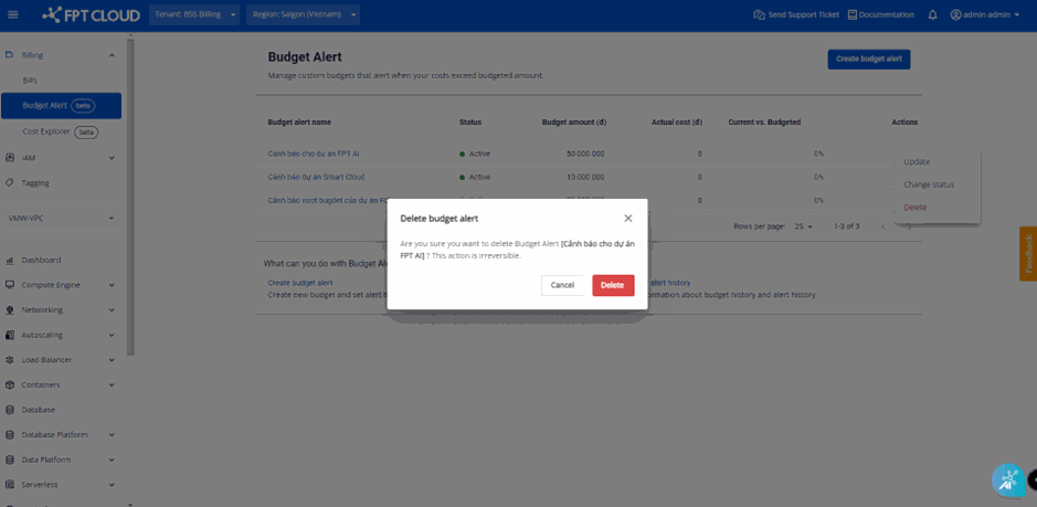 Hộp thoại xác nhận xóa Budget Alert