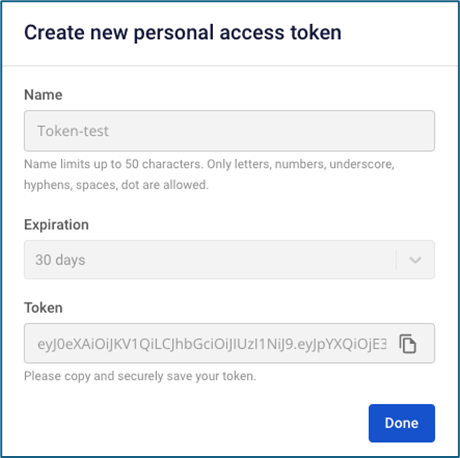 Màn hình hiển thị token vừa được tạo với nút copy