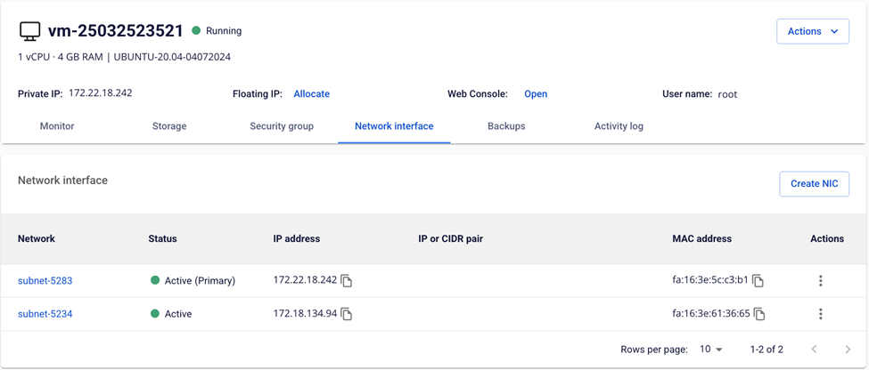 Tab Network Interface hiển thị danh sách card mạng