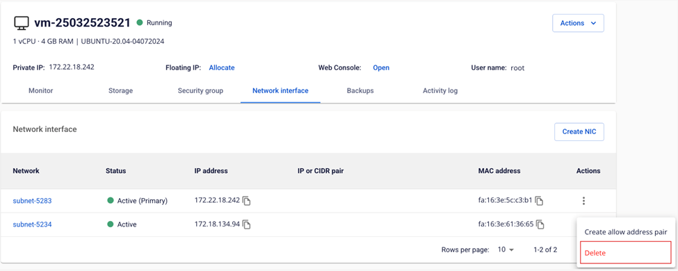 Menu Actions với tùy chọn Delete cho card mạng