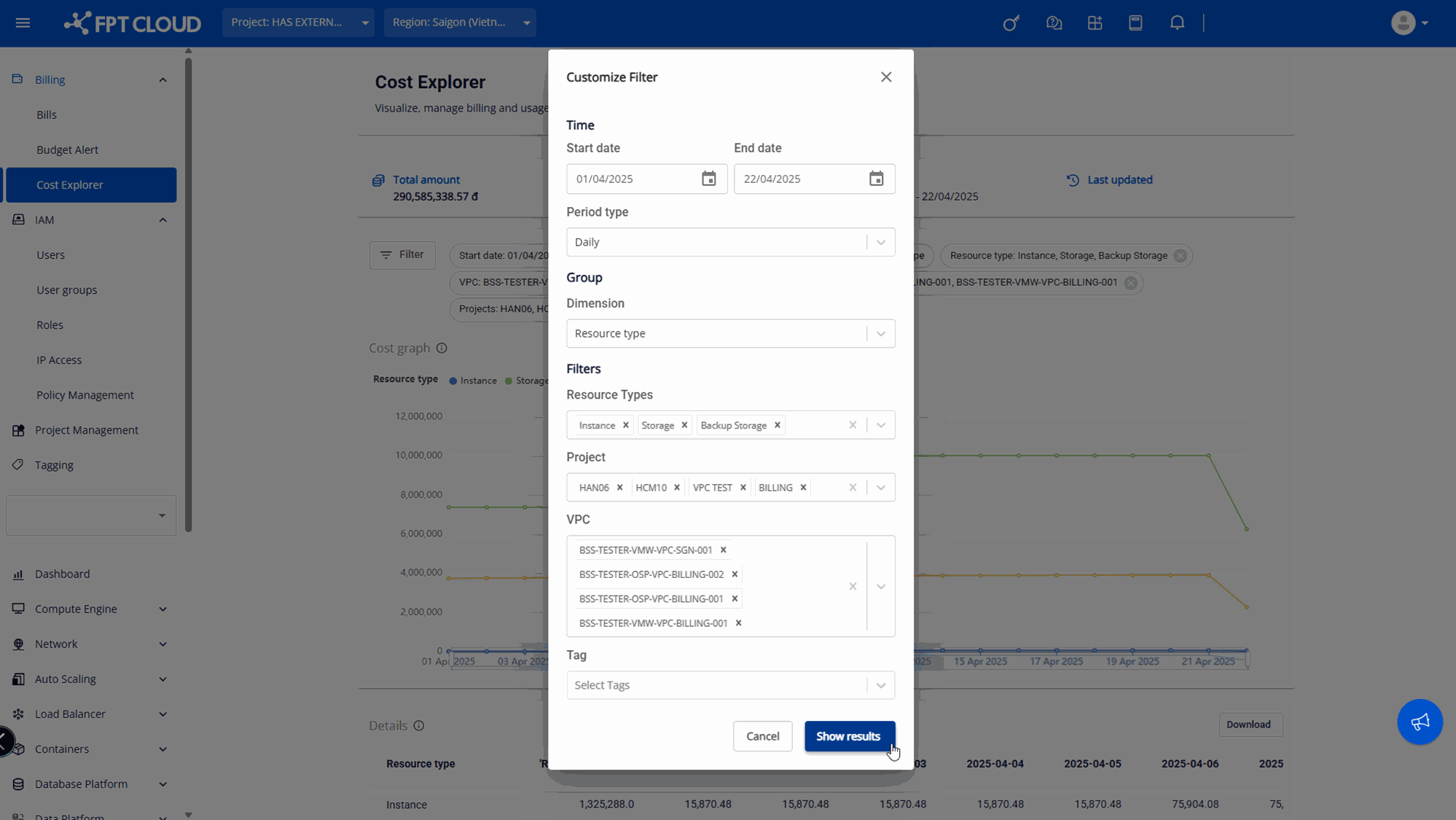 Customize Filter cho Resource Type