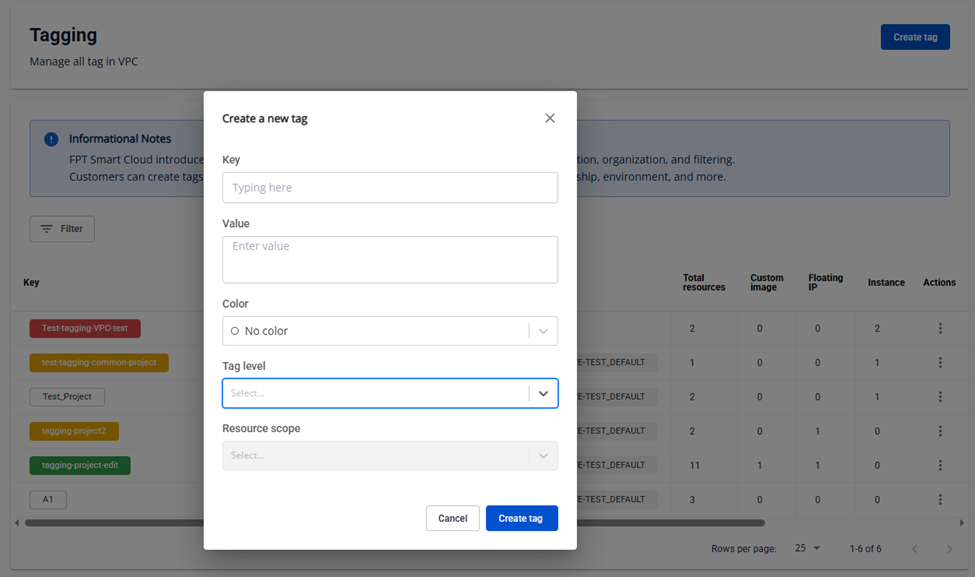 Hộp thoại Create tag với các trường Tag Level và Resource Scope