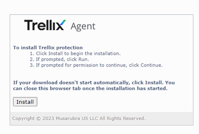 Trang cài đặt agent Trellix trên Windows