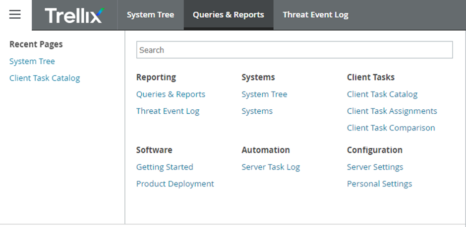 Trang Queries &amp; Reports trong giao diện Trellix