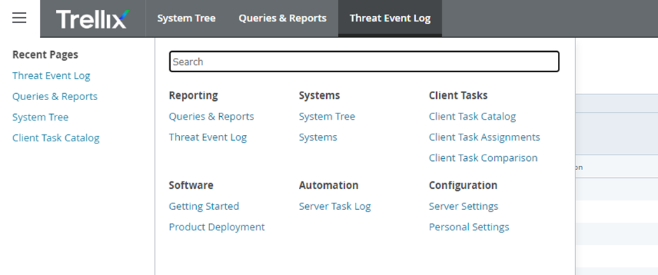 Trang Threat Event Log trong giao diện Trellix