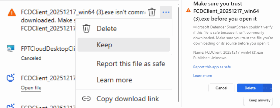 Xác nhận giữ file tải xuống