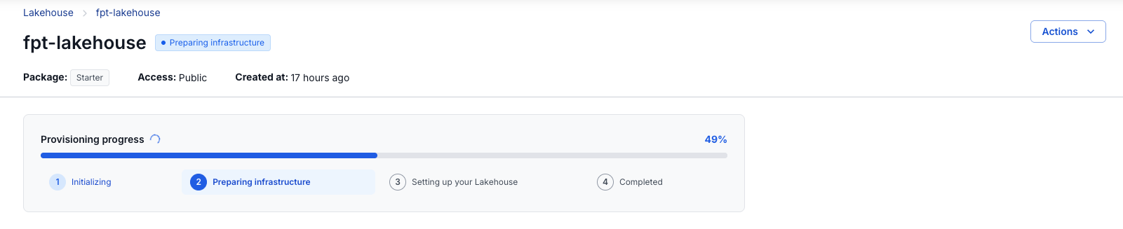 Màn hình chi tiết Lakehouse đang Provisioning — card tiến trình 4 bước