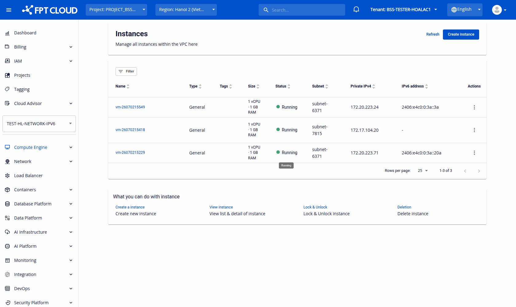 Instances List với cột IPv6 address có giá trị cho instance dual-stack