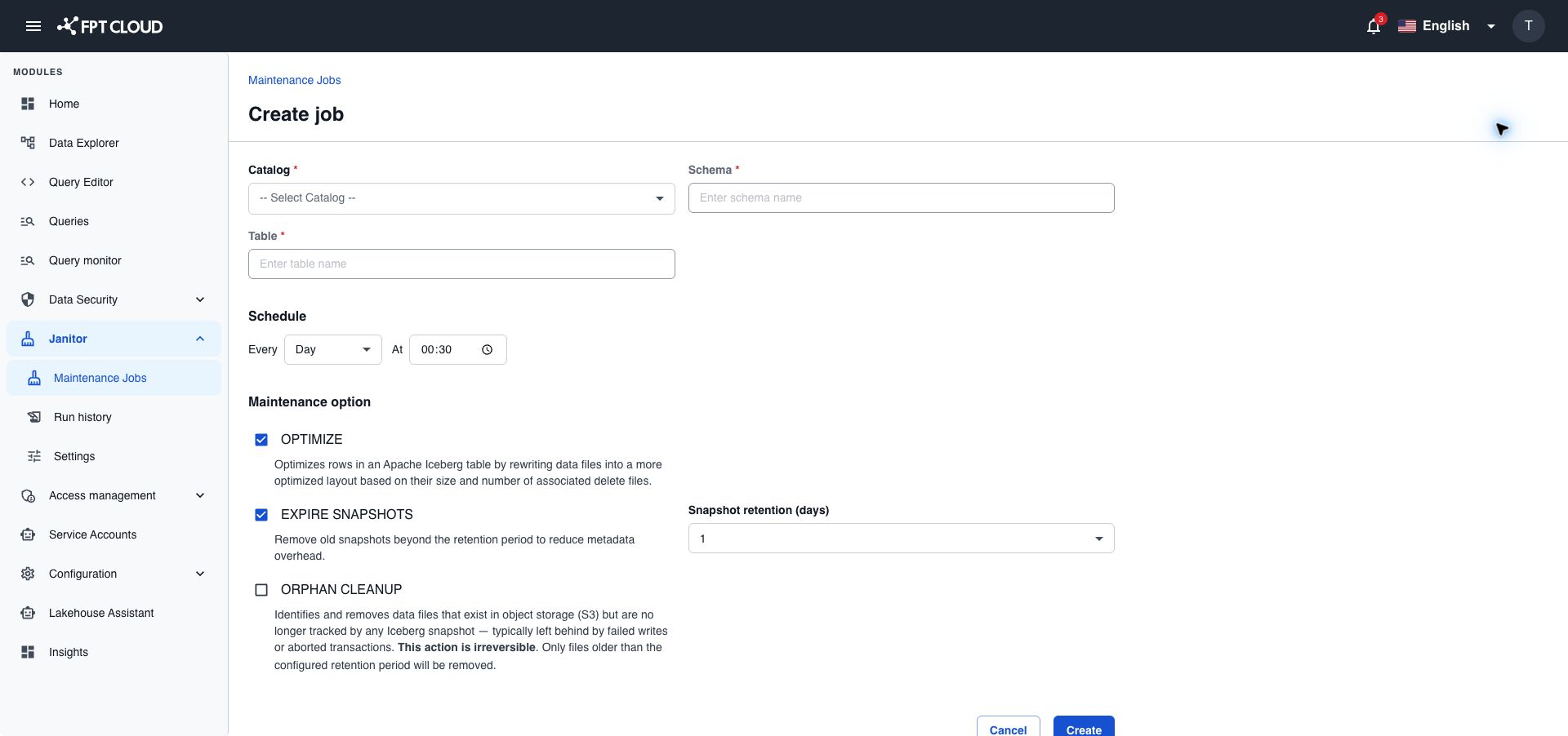 Form Create job với lịch chạy và các tùy chọn bảo trì