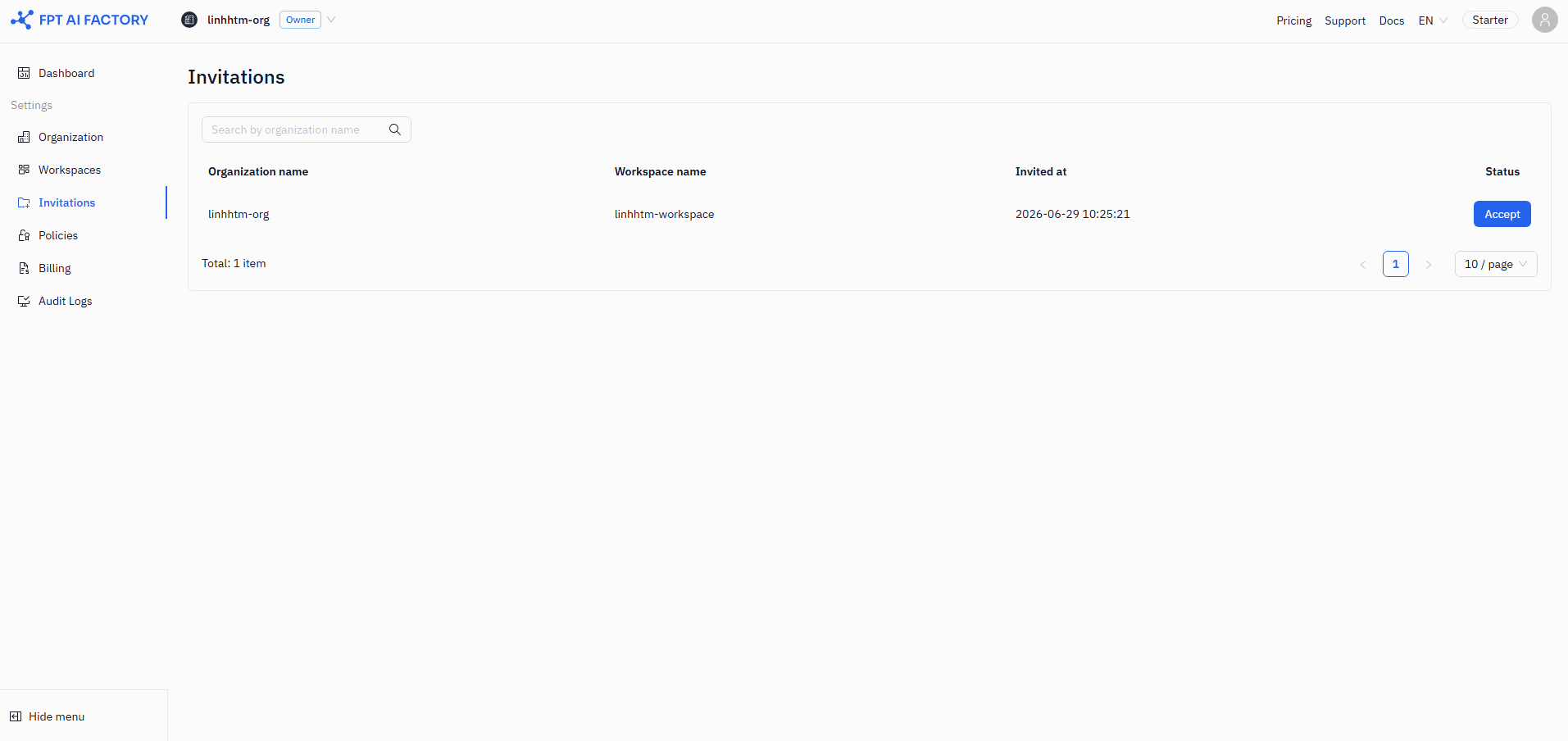 Invitations page