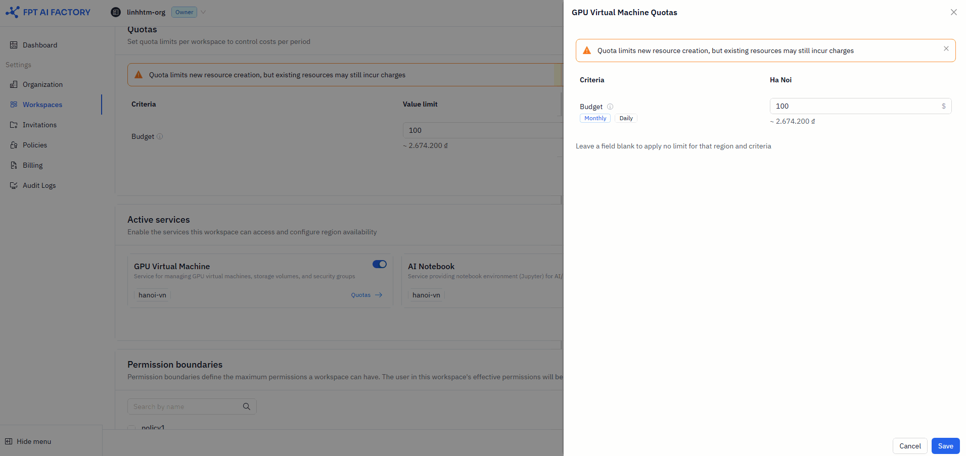 Service quota drawer