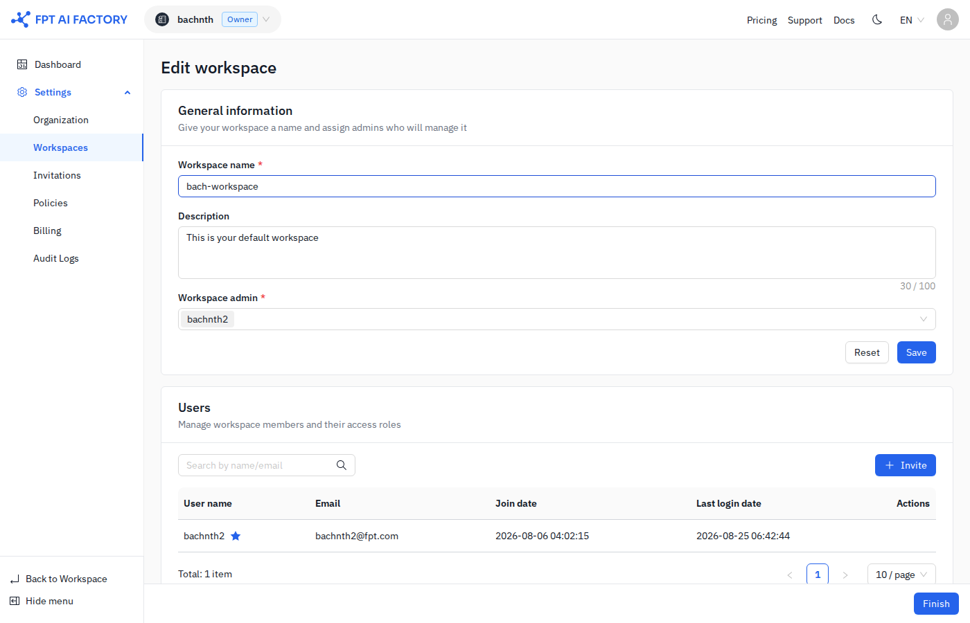 Workspace settings