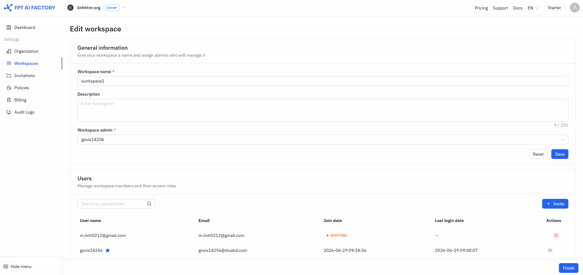 Edit workspace form