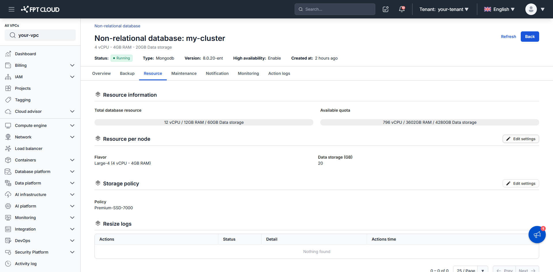 Tab Resource hiển thị Resource information, Resource per node, Storage policy và Resize logs