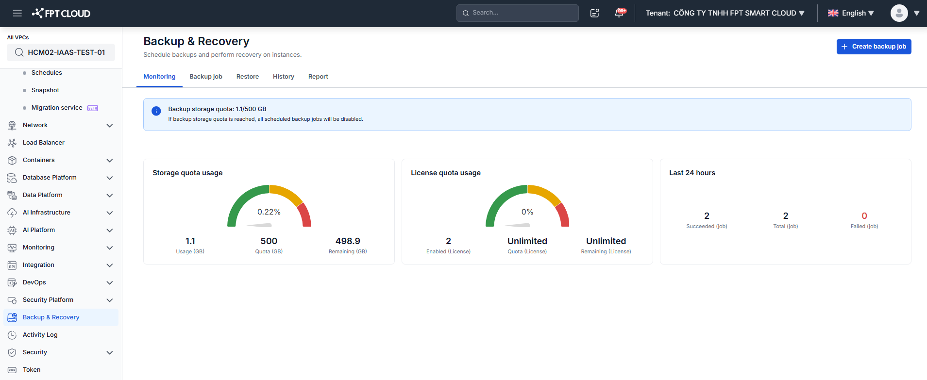 Tab Monitoring của Backup &amp; Recovery