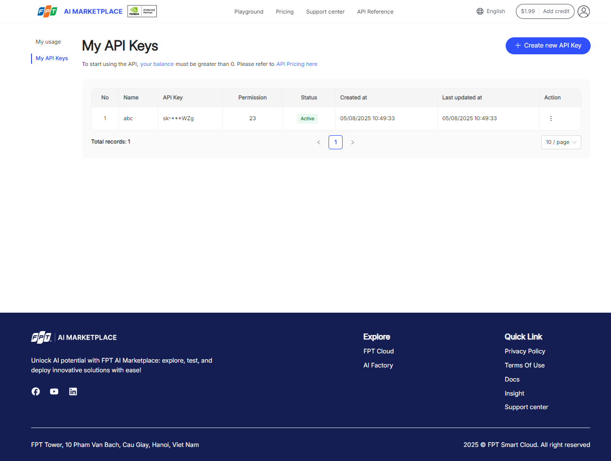 Trang My API Keys liệt kê tất cả API key cùng trạng thái
