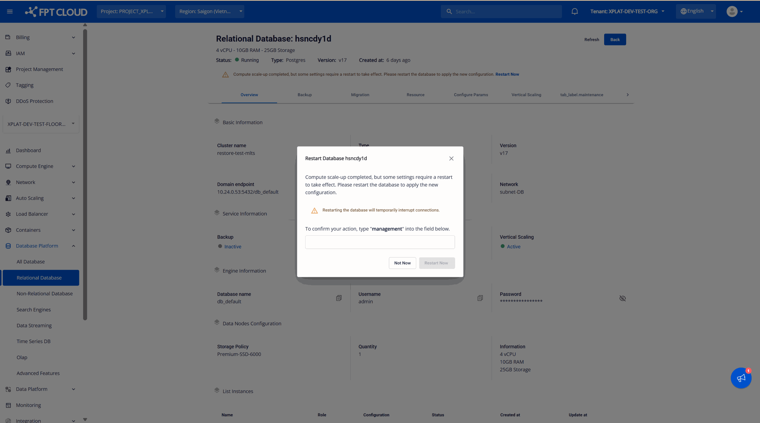Tab Overview của cluster với hộp thoại cảnh báo khởi động lại