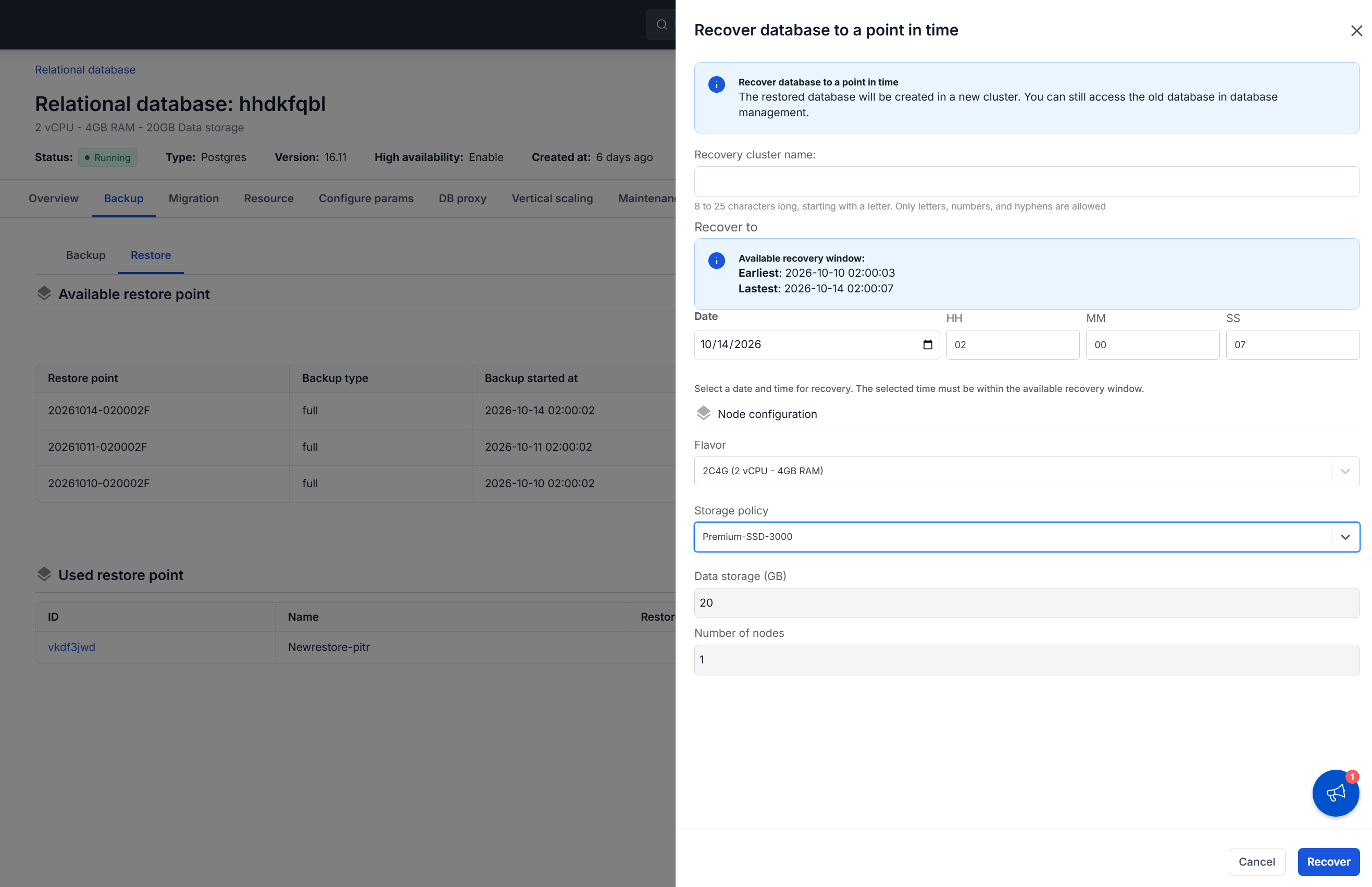 Hộp thoại Recover database to a point in time với cửa sổ khôi phục khả dụng và cấu hình node