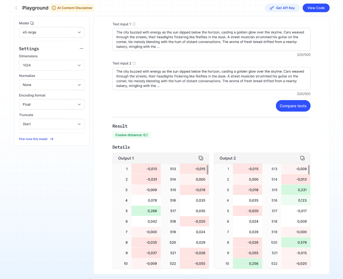Giao diện playground Embedding với dropdown input type và encoding format