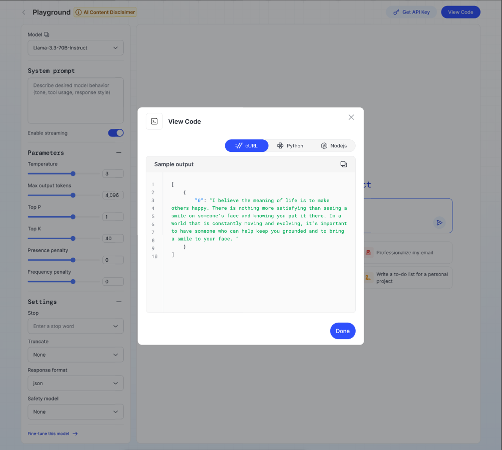 Pop-up View Code hiển thị các đoạn mẫu cURL, Python và Node.js