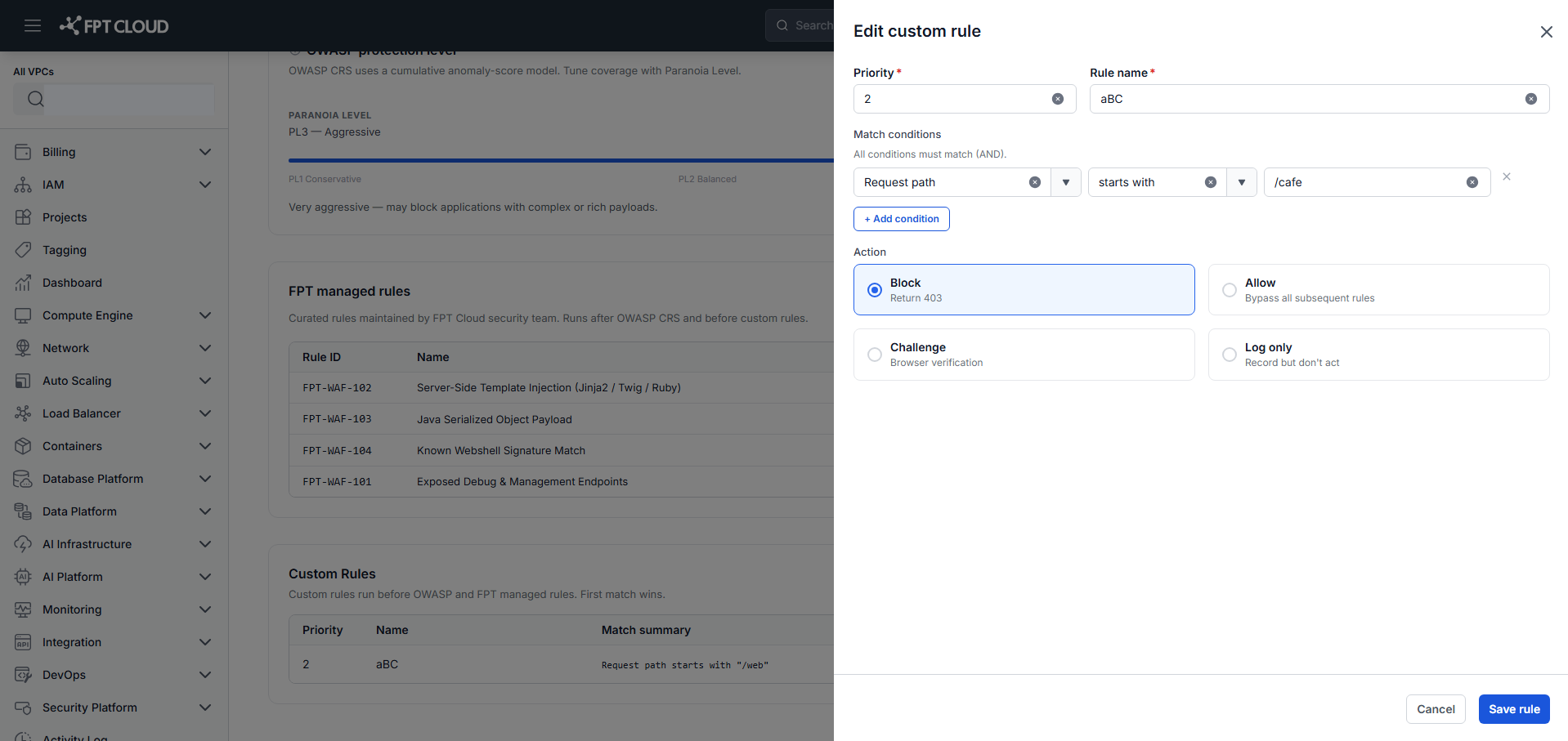 Sửa Custom Rule — dialog