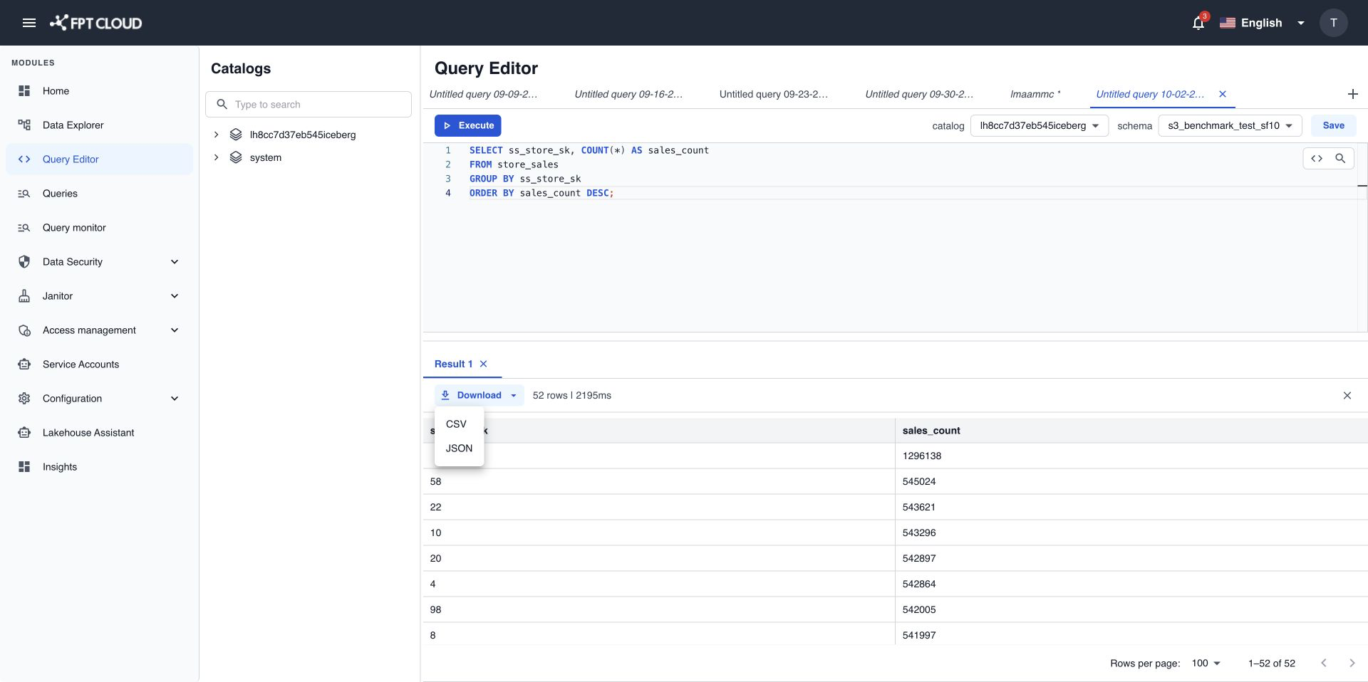 Menu Download với hai lựa chọn CSV và JSON