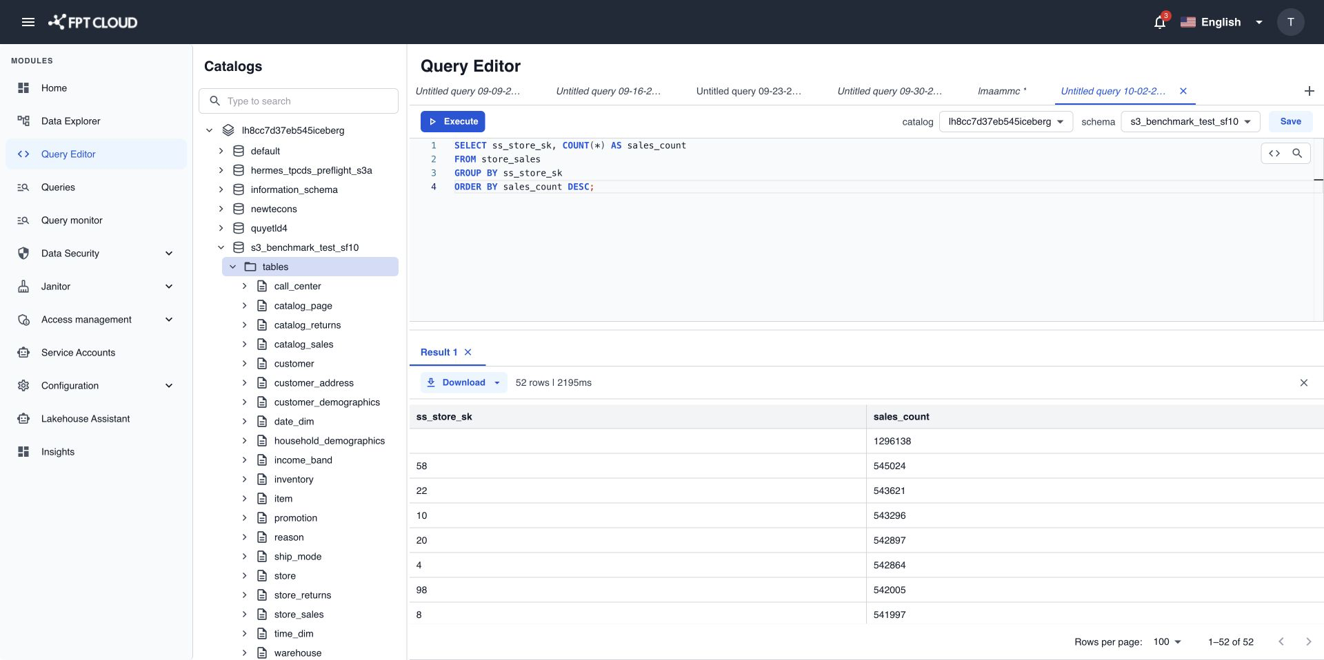Query Editor với cây catalog, trình soạn SQL và khung kết quả