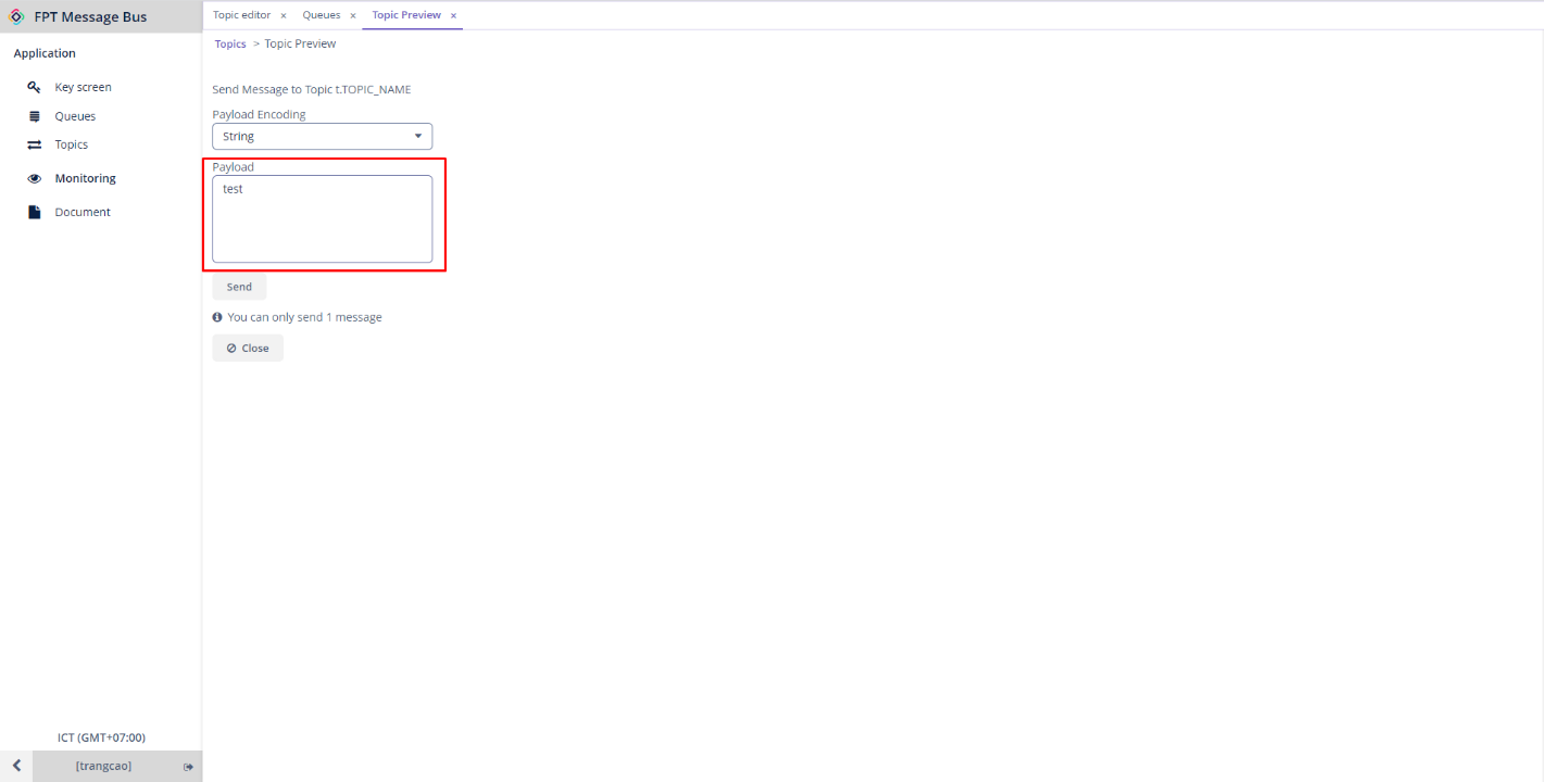 Ô Payload để nhập nội dung message cần publish vào topic