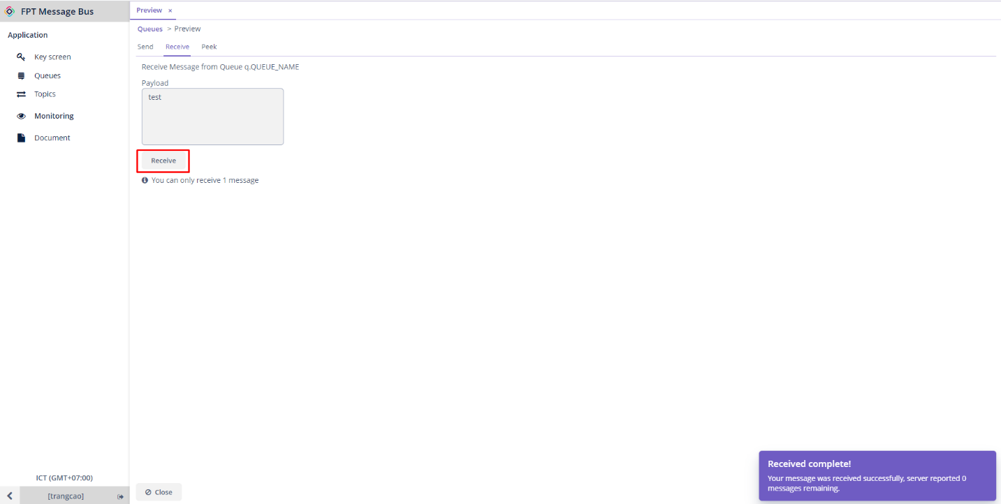 Tab Receive với nút Receive để nhận message từ queue