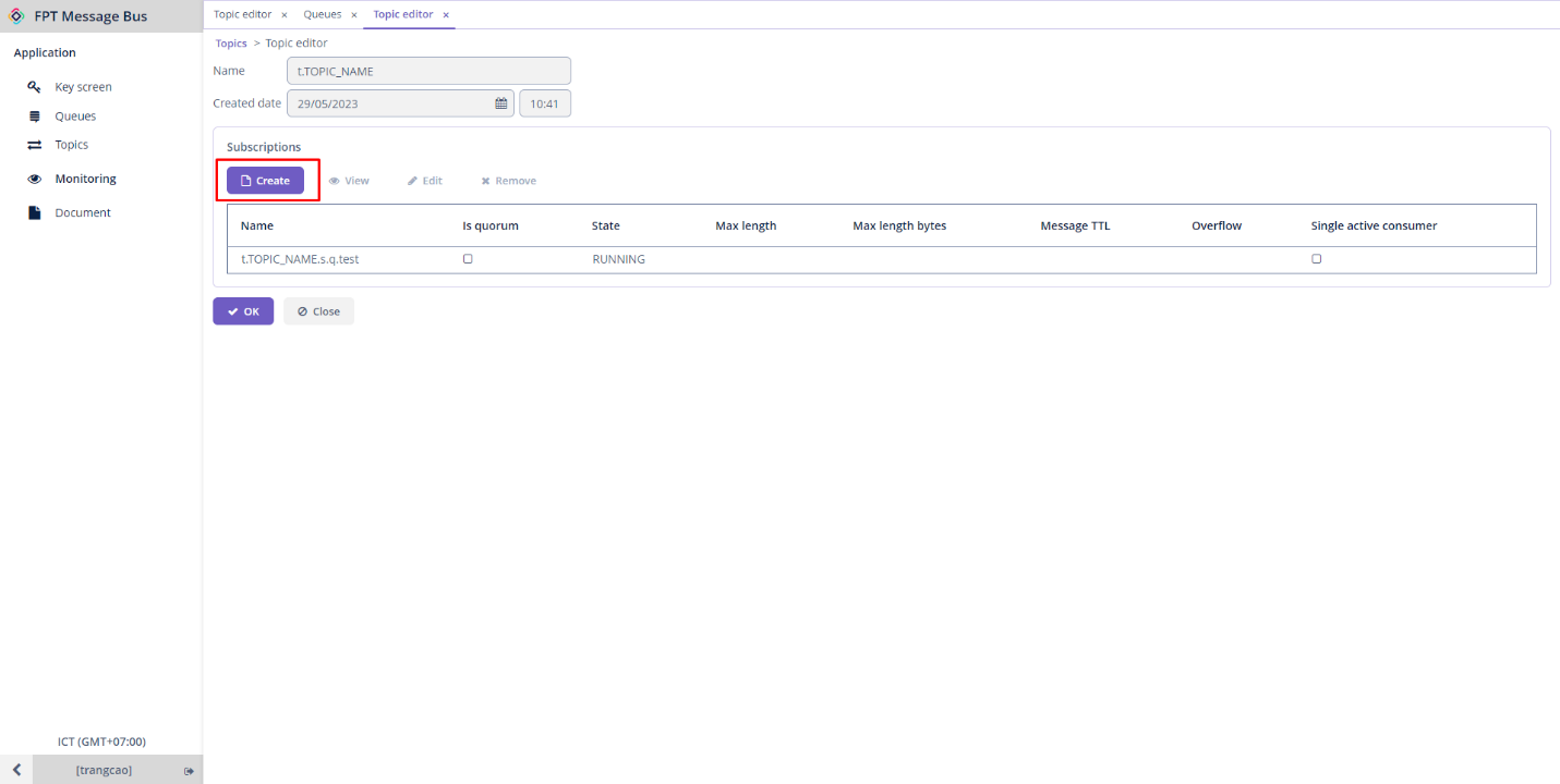 Màn hình Edit topic với nút Create trong phần Subscriptions