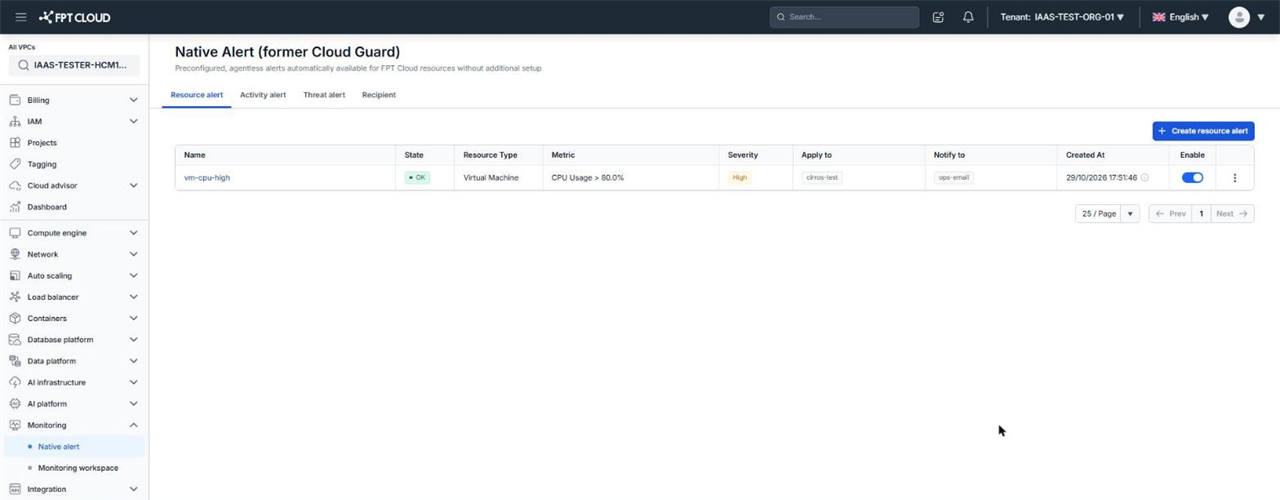 Tab Resource alert với cảnh báo vm-cpu-high, State là OK và Enable đang bật