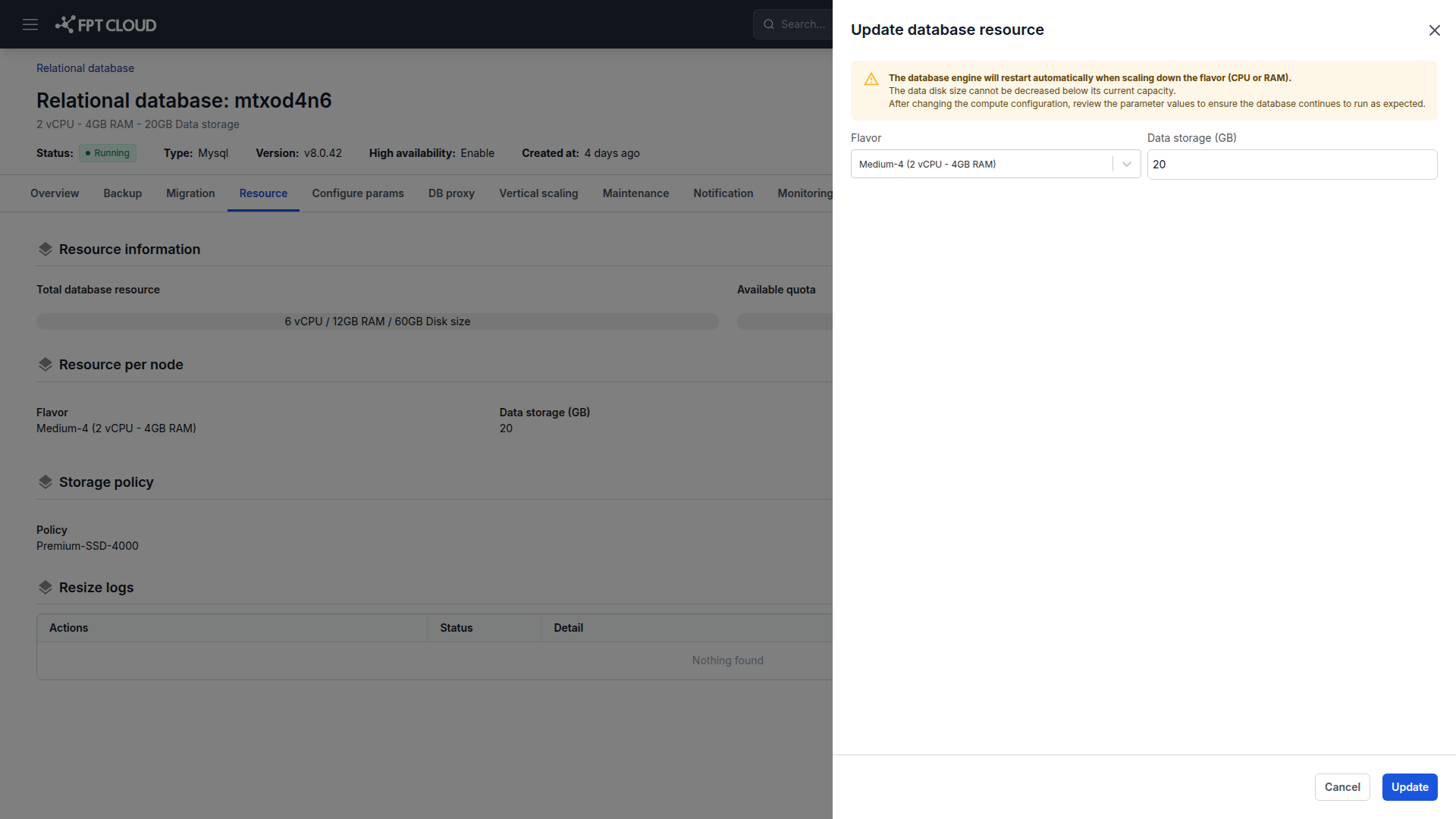 Hộp thoại Update Database Resource với trường flavor và dung lượng đĩa