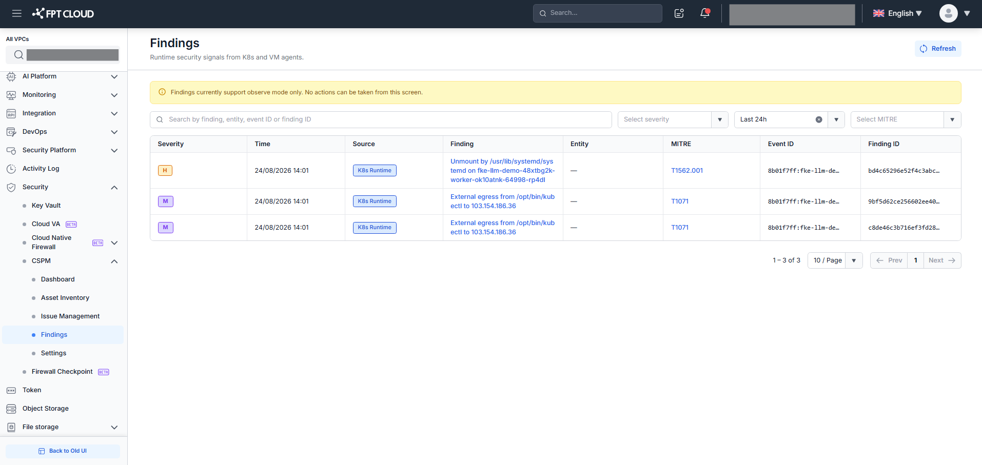Runtime Finding List — bảng findings với Observe-mode Banner, badge Severity và Source