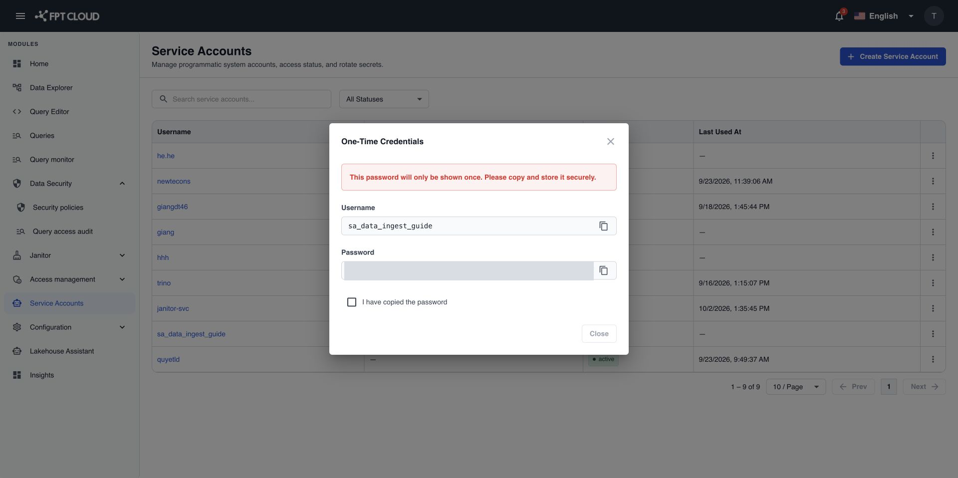 Cửa sổ Credential Generated với username, mật khẩu và nút Copy