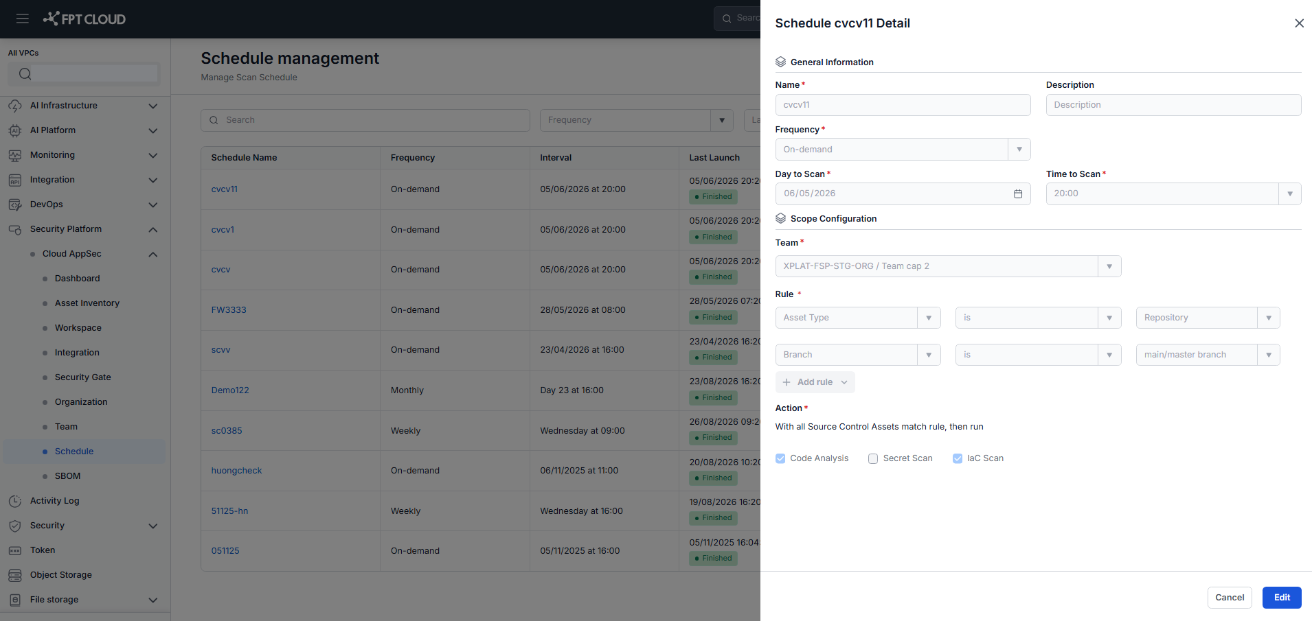 Schedule Detail — màn hình xem chi tiết cấu hình