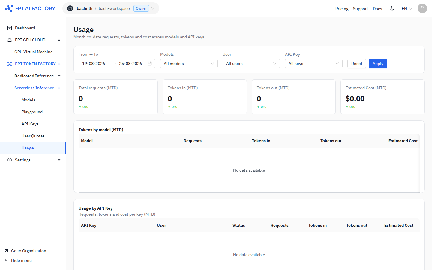 Serverless Inference — trang Usage