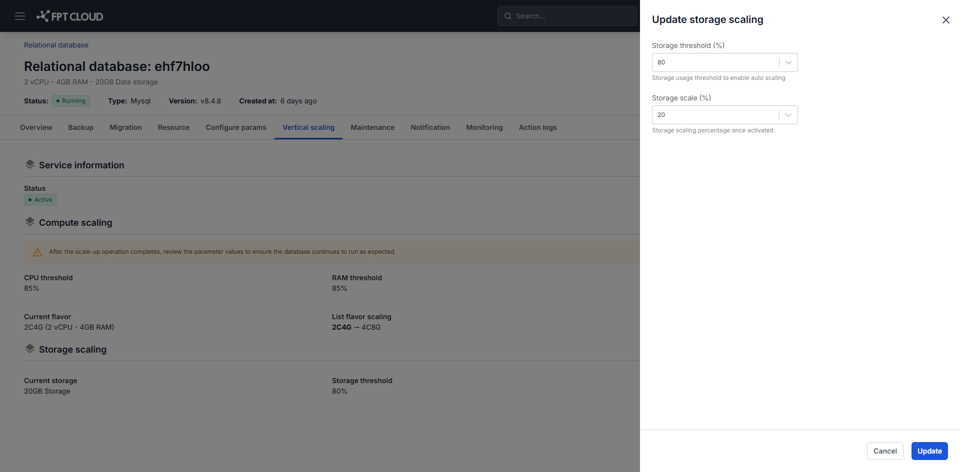 Hộp thoại Update storage scaling với ngưỡng và tỷ lệ mở rộng