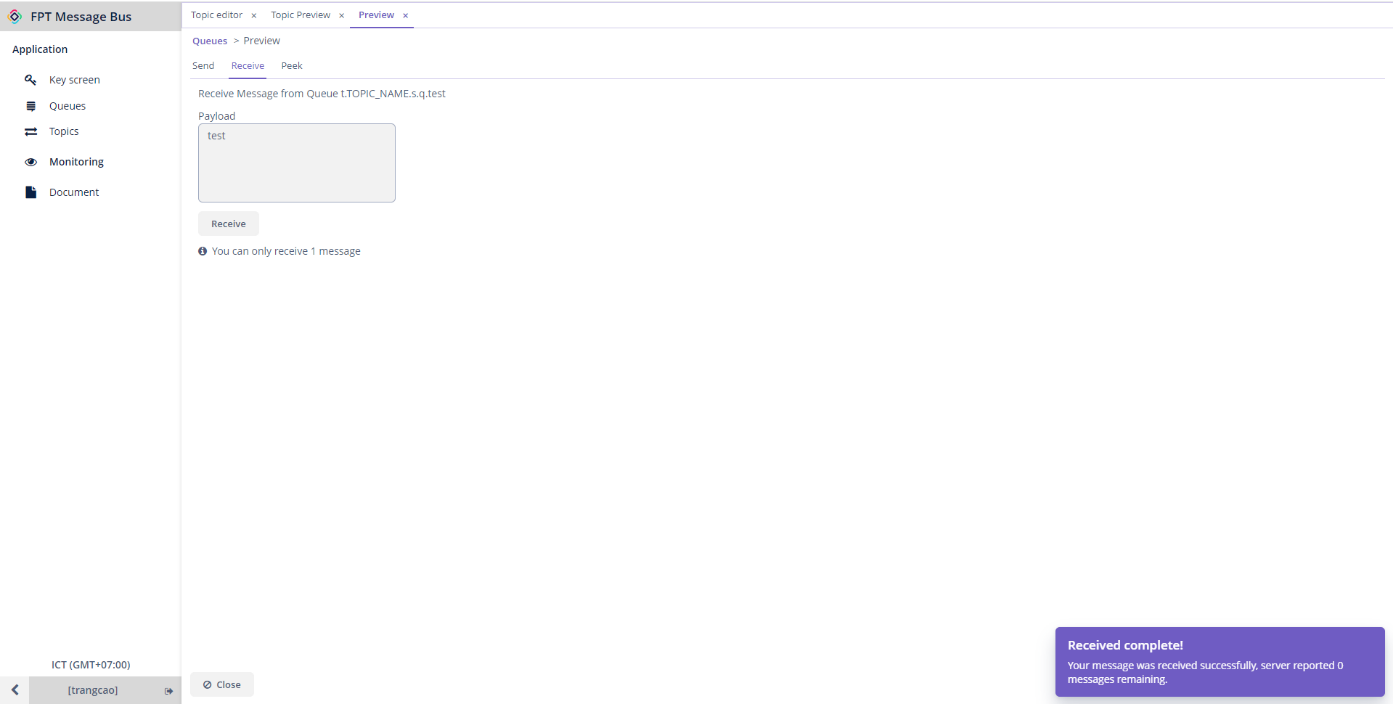 Tab Receive với nút Receive để nhận message đã được publish vào topic