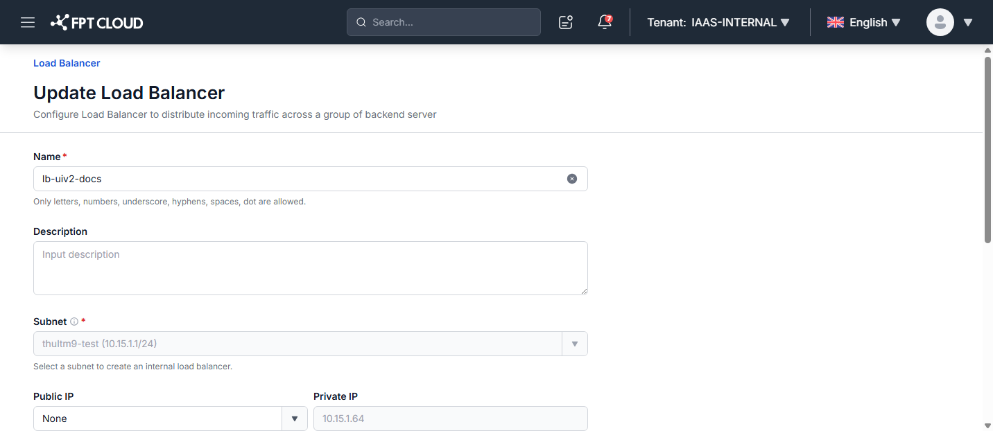 Update Load Balancer form