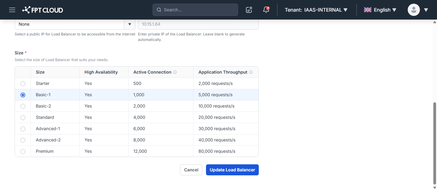 Update Load Balancer - Size