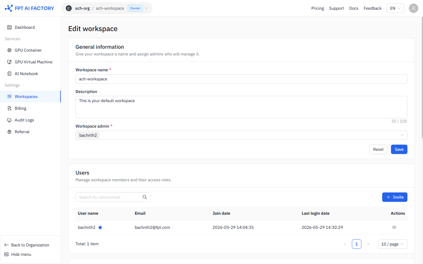 The workspace Users page