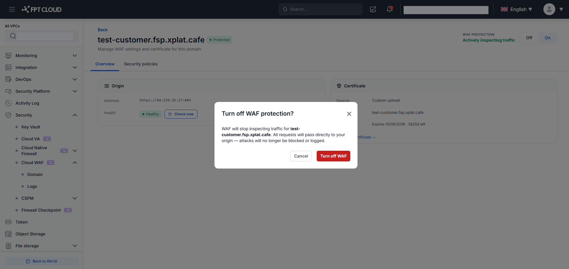 Tắt WAF — dialog xác nhận